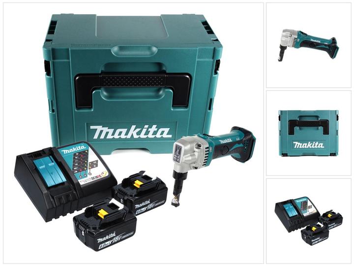 1x Makita DJN 161 cordless nibbling shears, 2x Makita BL 1860 B 18 V 6.0 Ah battery, 1x Makita DC 18 RC charger, 1x Makita Makpac, 1x universal insert