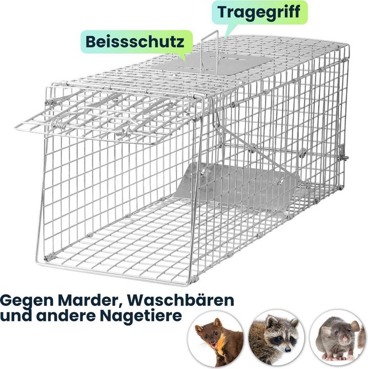 Produktbild Ideoon Profi Marder Lebendfalle - Wiederverwendbare Gitterfalle mit Trittplatte, Tragegriff und Beissschutz