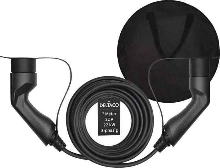 Actual product image Deltaco EV-3207B + bag 3-phase IEC type 2 to type 2 - 32A 22 KW, 7m (Type 2, 22 kW, 32 A, 7 m)
