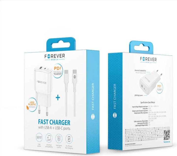 Produktbild Forever TC-01-20AC PD QC Ladegerät 1x USB-C 1x USB 20W weiss + USB-C - USB-C Kabel 20W (20 W, 2 Ports)