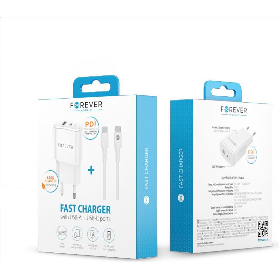 Thumbnail - Forever TC-01-20AC PD QC Ladegerät 1x USB-C 1x USB 20W weiss + USB-C - USB-C Kabel 20W (20 W), USB Ladegerät, Weiss