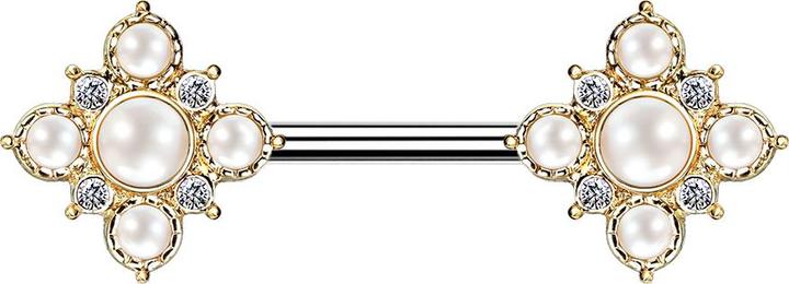 Produktbild Star Piercing Barbell vergoldet Vintage Blume mit Perlen (Messing, Chirurgenstahl 316L)