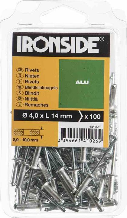 Produktbild Ironside Blindnieten 4,0 x 14 mm Aluminium, Verpackungsinhalt: 100 Stück