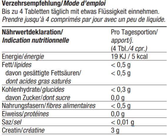 Valori nutrizionali e ingredienti Burgerstein Creatina (100 pz., Pillole)