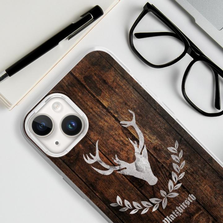 Produktbild DeinDesign Silikon Hülle für Apple iPhone 14 Handyhülle Case Smartphone Schutzhülle Hirsch Holz Holzoptik (Apple iPhone 14)
