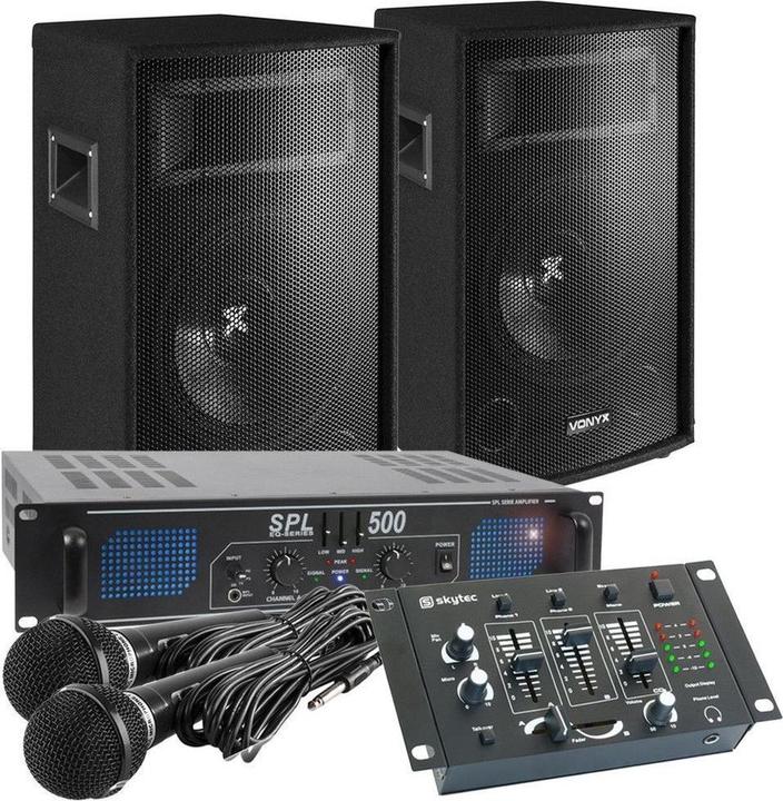 Immagine prodotto Karaoke set - set completo da 500W con microfoni, mixer, altoparlanti, amplificatore e cabina (Passivo, 2x 250 W)