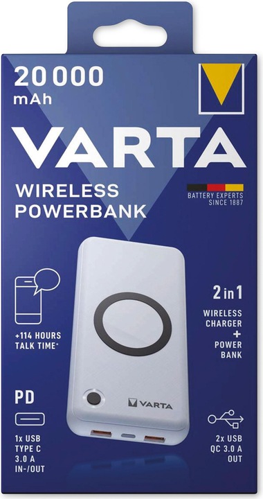 Actual product image Varta Wireless Power Bank + Charging Cable (20000 mAh, 20 W, 74 Wh)