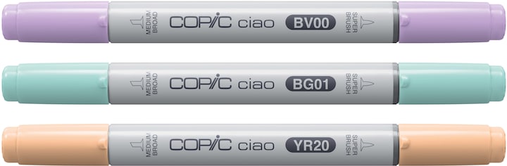 Actual product image Copic CIAO - Brand (BV-00 (Mauve Shadow), YR-20 (Yellowish Shade), BG-01 (Aqua Blue), 6 mm, 3 x)