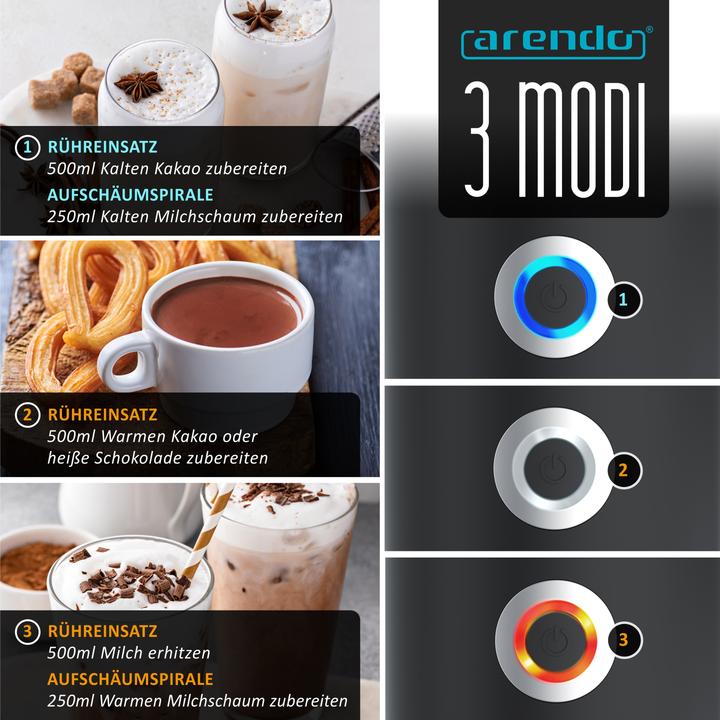 Produktbild Arendo Milchaufschäumer 3in1 Induktion, warm & kalt Schaum, 400 ml, Edelstahl, Latte Art, Milk, 500 W (500 ml)