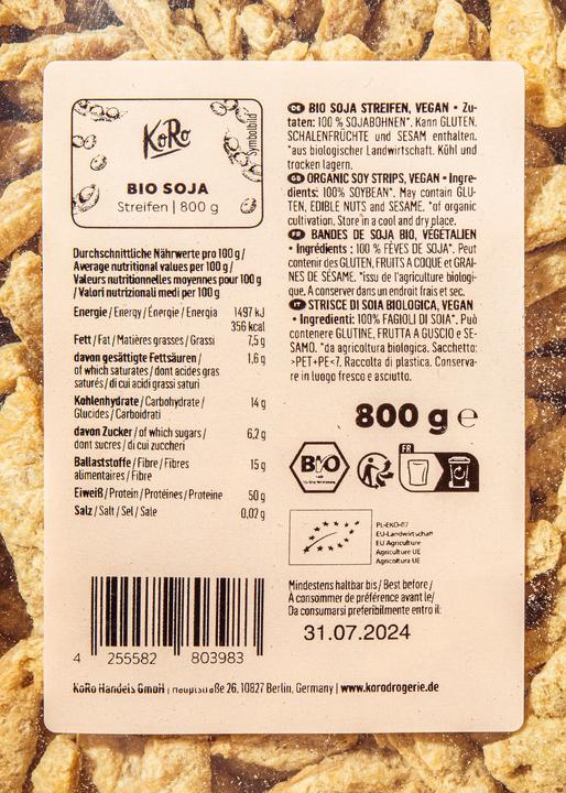 Nährwerte und Zutaten KoRo Bio Soja Streifen, vegan (800 g)