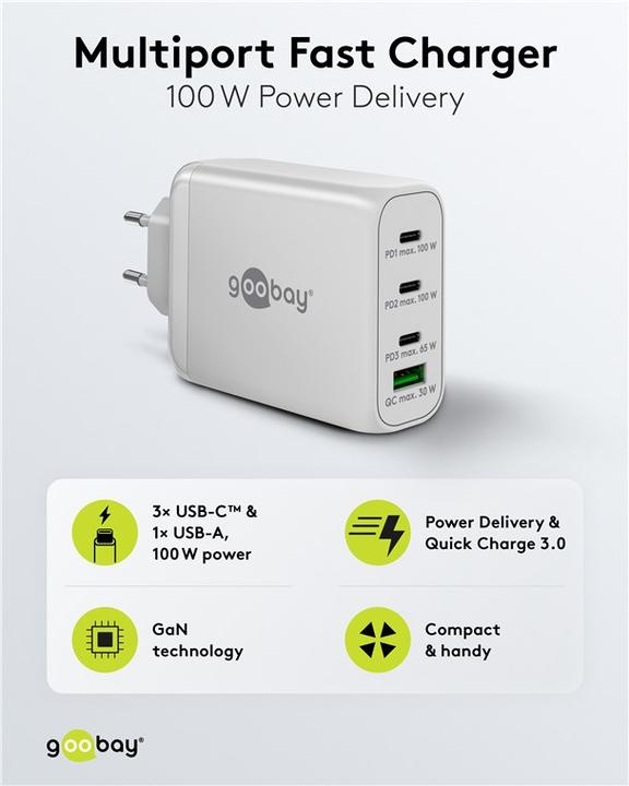 Produktbild Goobay USB-C™ PD Multiport Schnellladegerät (100 W) weiß, weiß - 3x USB-C™ Ports (Power Delivery) und (100 W)