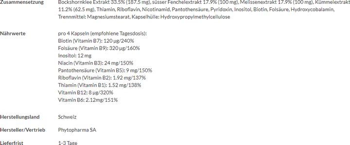 Nährwerte und Zutaten Phytopharma Stillen Kapseln (90 Stück, Kapseln, 77 g)