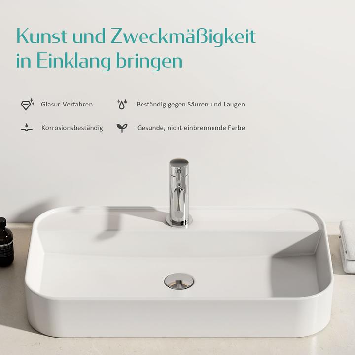 Produktbild Emke Aufsatzwaschbecken Keramik Waschbecken Hängewaschbecken Eckiger Waschtisch Weiss Glänzend 400 x (400 mm, 400 mm)