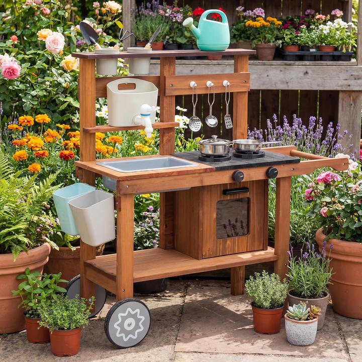 Woodenfun Outdoor-Matschküche mit Rädern und Zubehör