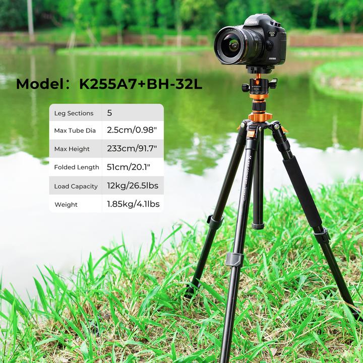 Actual product image K&F Concept K255A7+BH-32L Magnesium Aluminum Alloy Tripod (Metal)