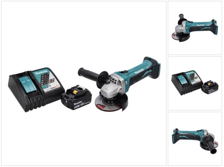 1x Makita DGA 452 Akku Winkelschleifer, 1x Schutzhaube, 1x Seitengriff, 1x Montageschlüssel, 1x Makita BL 1850 B 18 V 5,0 Ah Akku, 1x Makita DC 18 RC Ladegerät