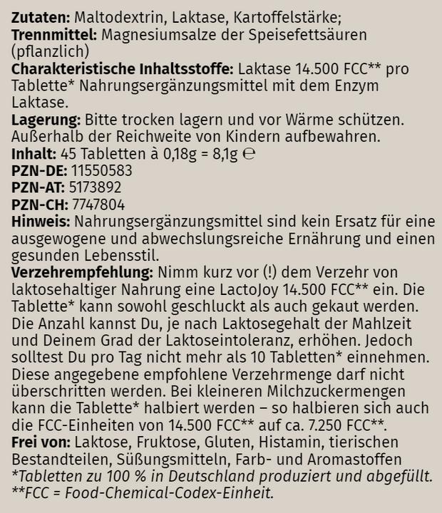 Valori nutrizionali e ingredienti Lactojoy Laktase (45 Pezzo/i, Pillole)