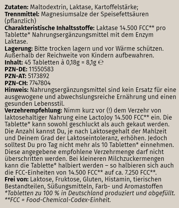 Nutritional values and ingredients Lactojoy Laktase (45 Piece, Pills)