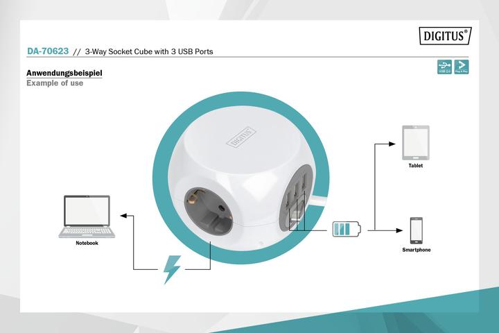 Image du produit Digitus Bloc multiprise cube à 3 prises avec 3 ports USB (3 x, CEE 7/4, 1.40 m)