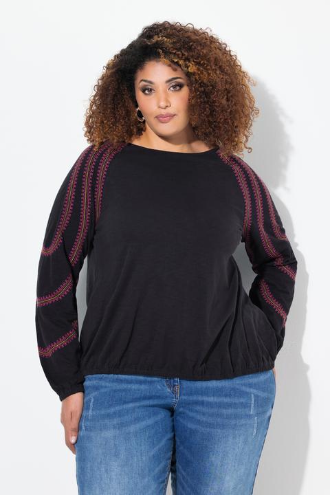 Image du produit Ulla Popken T-shirt à col rond et manches longues, broderie et base élastique (50, 52)