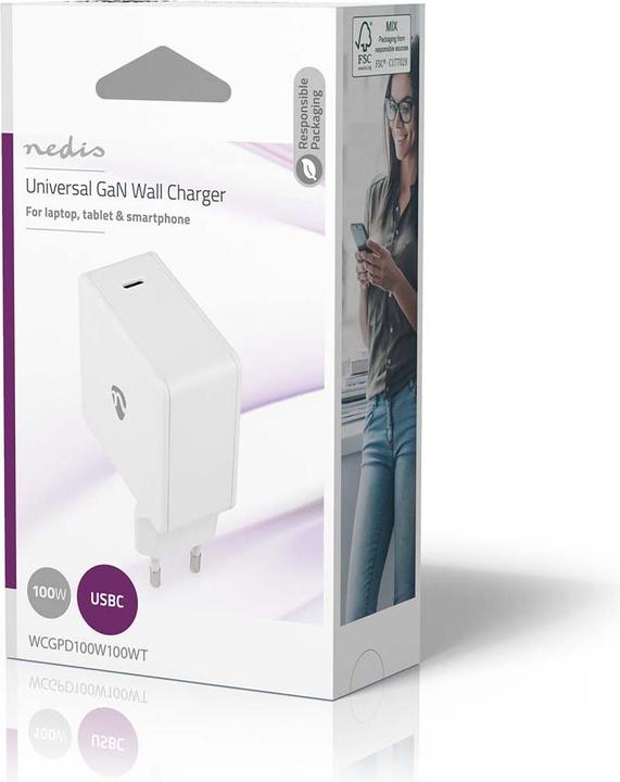 Produktbild Nedis Netzladegerät 100 W GaN Schnellladefunktion 3.0 5.0 A A - Anzahl der Ausgänge: 1, USB-C™, Auto (100 W, 1 Port)