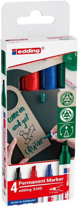 Produktbild Edding 3300 Permanentmarker farbsortiert 1,0 - 5,0 mm, 4 St. (1x Schwarz, 1x grün, 1x blau, 1x Rot, 5 mm, 4 x)