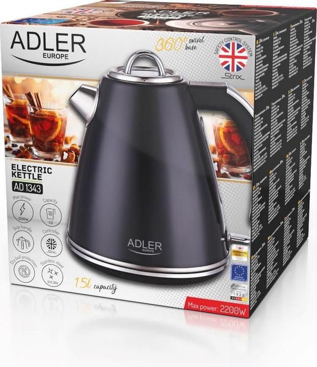 Image du produit Adler AD 1343b Electric, 2200 W, 1.5 L, Stainless steel, 360 ° rotational base, Black (1.50 l)