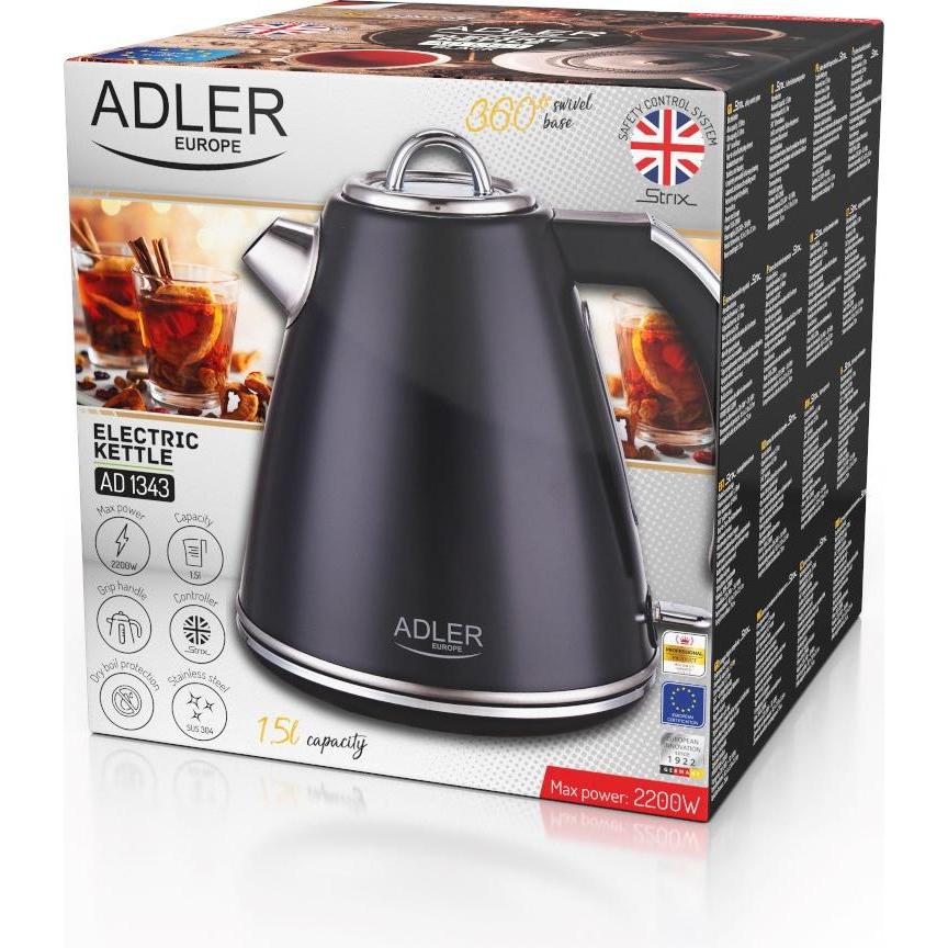 Thumbnail - Adler AD 1343b Electric, 2200 W, 1.5 L, Stainless steel, 360 ° rotational base, Black, Wasserkocher, Schwarz