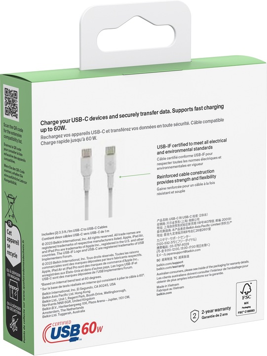 Actual product image Belkin USB-C to USB-C PVC White 1m Twin Pack (1 m, USB 2.0)