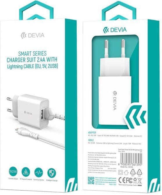 Image du produit Devia chargeur mural Smart 2x USB 2,4A blanc + câble Lightning (12 W, 2 ports)