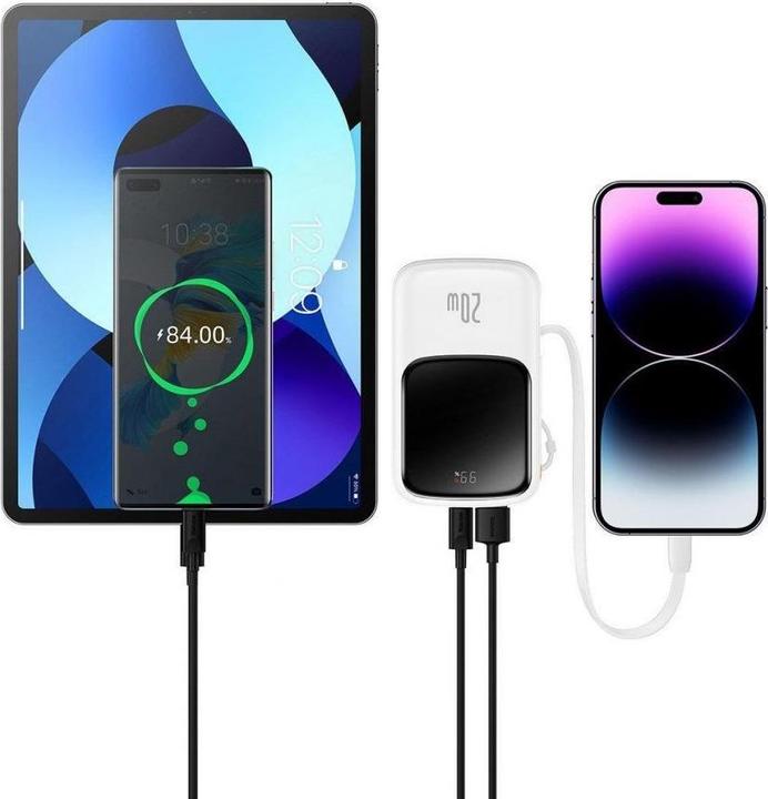 Productafbeelding Baseus Powerbank Qpow PRO met kabel, USB-C, 2xUSB, 10000mAh, 20W (Wit) (10000 mAh, 20 W, 37 Wh)