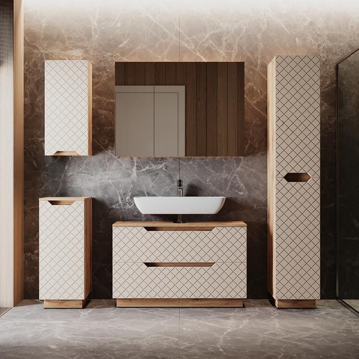 Actual product image Vicco Waschbeckenunterschrank Lotta, Eiche/Kaschmir mit Kachelstruktur, 99.4 x 62.5 cm mit 2 Schubladen (99.40 x 32 x 62.50 cm)