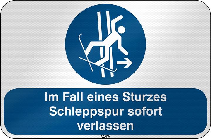 Brady M/M035/DE318/RFL-590X390-1, ISO safety sign - In the event of a fall, drag track immediately