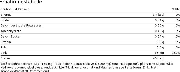 Nährwerte und Zutaten Phytopharma Zimt Plus (1 Stück, Kapseln, 100 g)