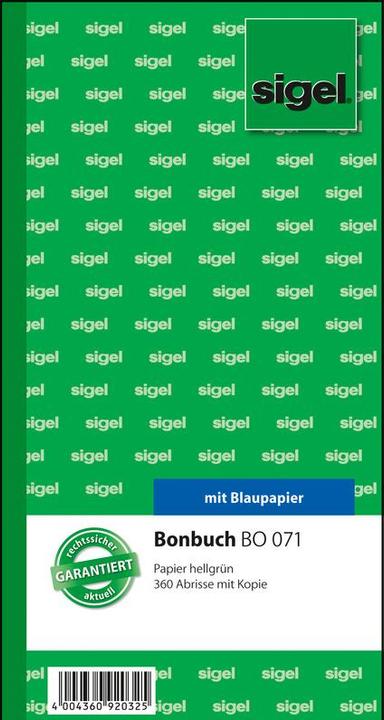 Produktbild Sigel Formularbuch "Bonbuch", 105 x 200 mm, hellgrün 360 Abrisse, mit Blaupapier, 2 x 60 Blatt (120x)