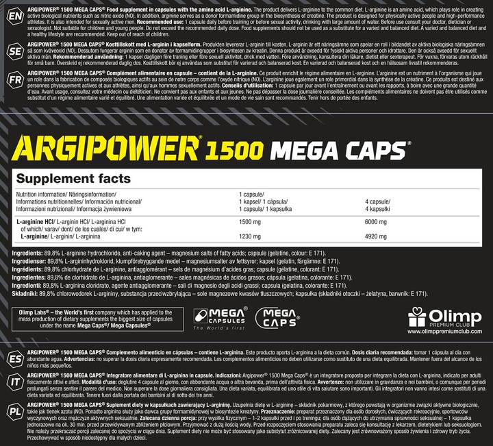 Nutritional values and ingredients Olimp Sport Nutrition Argi Power Mega Caps (120 Caps, 180g) (1 Piece, Capsules, 180 g)