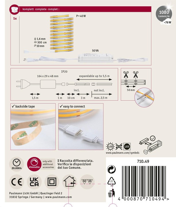 Produktbild Paulmann MaxLED 1000 Full-Line COB Stripe Set (Warmweiss, 300 cm, Indoor)