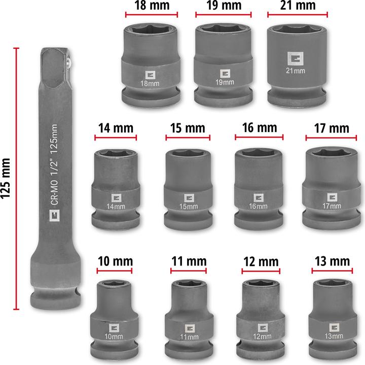 Produktbild Einhell Impact Stecknuss-Set, 109283, 12-teilig (10 mm, 11 mm, 12 mm, 13 mm, 14 mm, 15 mm, 16 mm, 17 mm, 18 mm, 19 mm, 21 mm)
