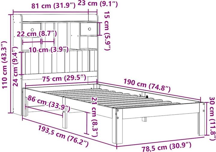 Produktbild vidaXL Bett mit Regal (75 x 190 cm)