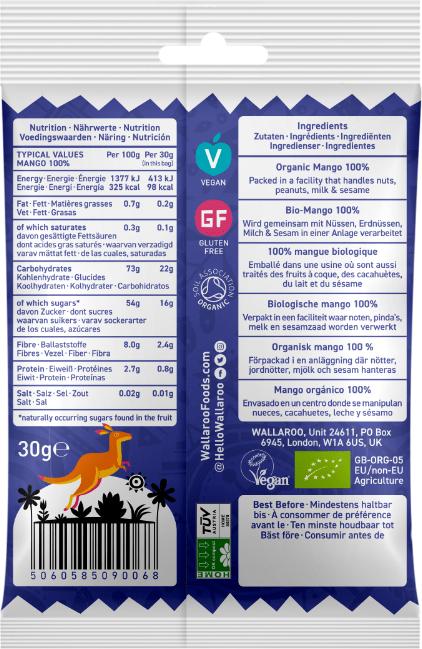 Nutritional values and ingredients Wallaroo Organic Dried Mango (30 g)