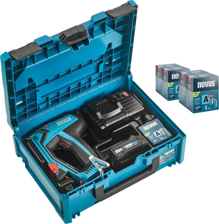 1x draadloze tacker J-550, 1x CAS oplader, 4x 5000 nietjes type 53/8, 1x 5000 nietjes type 53/14, 1x CAS accu 18V 2.0 Ah, 1x metaBOX