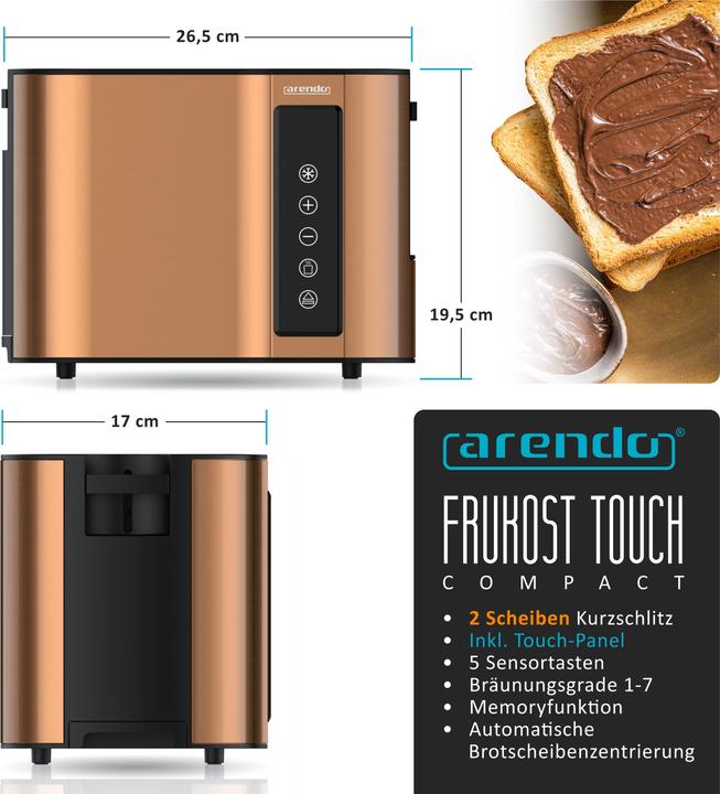 Produktbild Arendo Toaster Edelstahl 2-Scheiben Kurzschlitz, Brötchenaufsatz, Touchpanel, Display mit Restzeitanzeige
