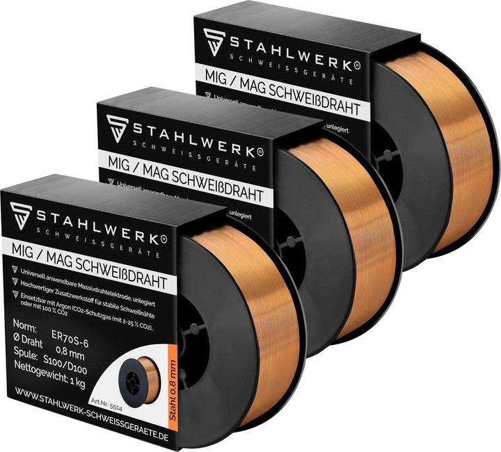 Stahlwerk Schweissdraht MIG MAG ER70S-6  0,8 mm 1 kg D100 Drahtrolle 3er Set