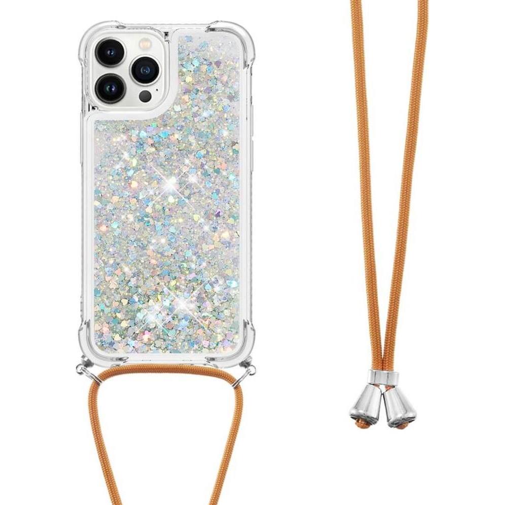 Cover-Discount iPhone 15 Pro Max - Glitzer Hülle mit Umhängeband weiss (Apple iPhone 15 Pro Max), Smartphone Hülle, Weis...