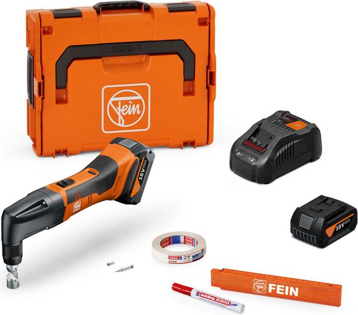 1x cordless nibbler up to 1.6 mm ABLK 18 1.6 E AS set, 2x LiIon GBA 18V 5.0 Ah AS battery, GAL 1880 CV AS charger, additional punch and die set, permanent marker, painter's tape, metre rule