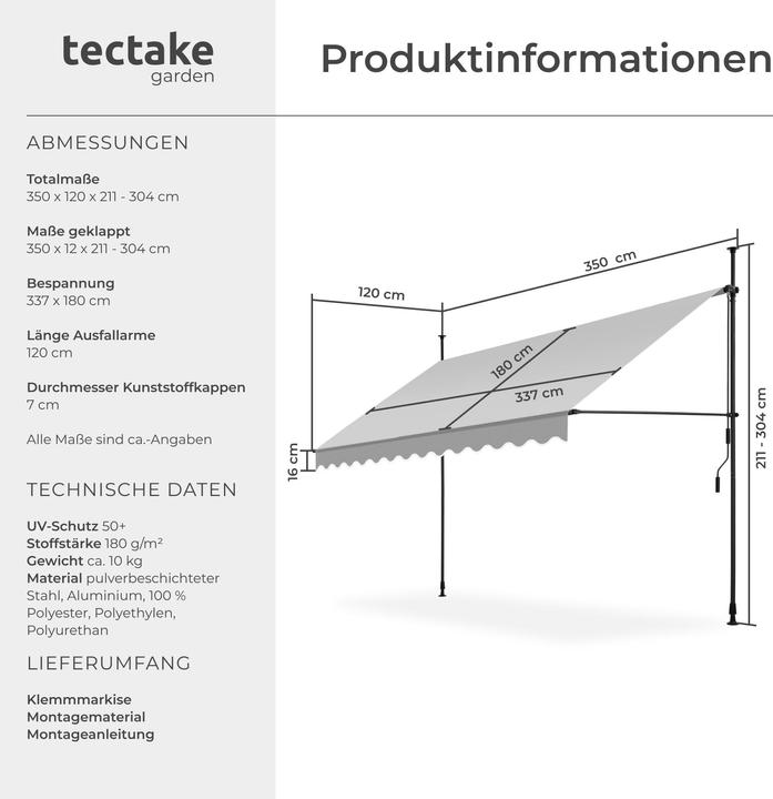 Produktbild tectake Klemmmarkise (3.50 m)
