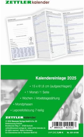 Actual product image Replacement calendar insert 2025, 8.8x15.2cm, replacement insert for pocket planner type 501, in (German)