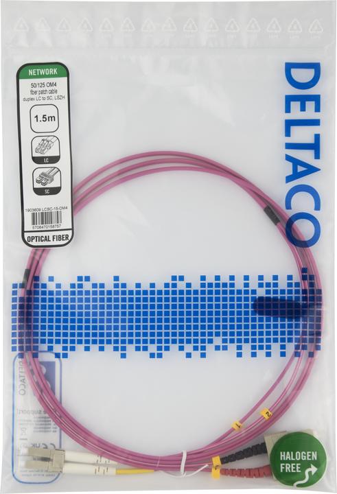 Actual product image Deltaco OM4 Fiber cable, LC - SC, duplex, multimode, 1,5m (1.50 m)