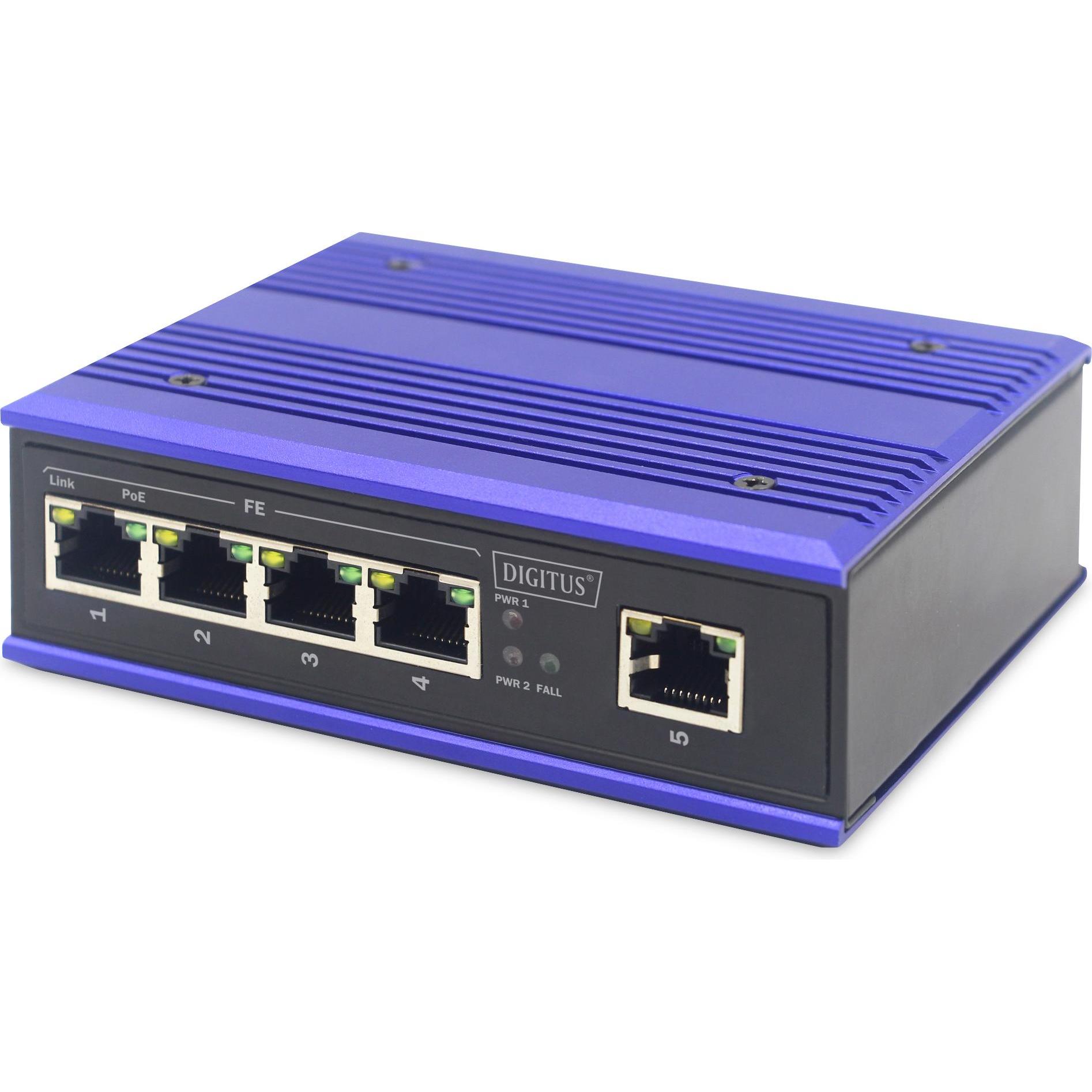 Digitus Industrieller 4-Port Fast Ethernet PoE Switch + 1 Uplink Port (5 Ports), Netzwerk Switch, Schwarz, Blau