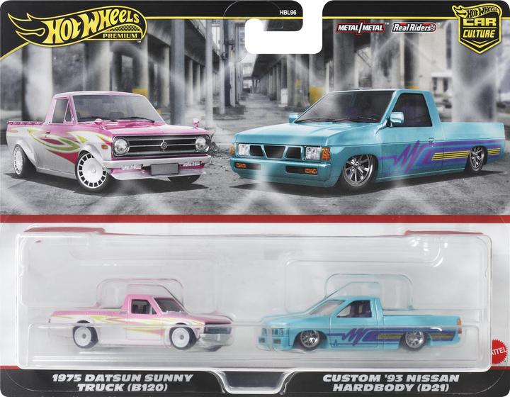 Actual product image Mattel Hot Wheels Car Culture 1975 Datsun Sunny Truck (B120) & Custom '93 Nissan Hardbody (D21)